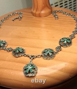 Antique Silver Jewelry Emerald Marcasite Necklace Genuine