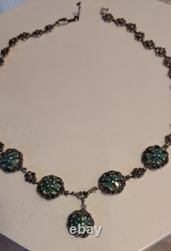 Antique Silver Jewelry Emerald Marcasite Necklace Genuine