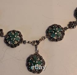 Antique Silver Jewelry Emerald Marcasite Necklace Genuine