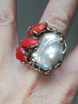 Antique Silver Ring with Coral Italian Designer