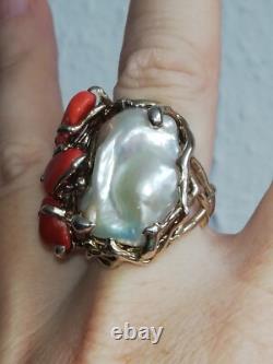 Antique Silver Ring with Coral Italian Designer