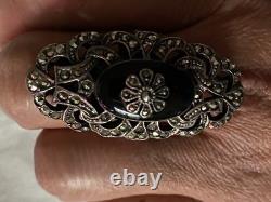 Antique Solid 925 Silver Onyx Marcasite Ring