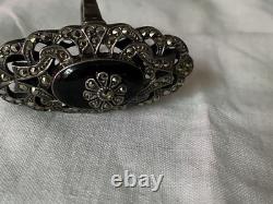 Antique Solid 925 Silver Onyx Marcasite Ring