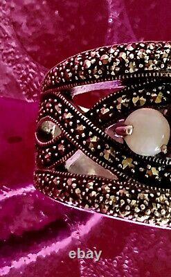 Antique Solid Silver Art Deco Ring with Opals & Marcasites Size 56 (1.8 mm)