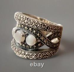 Antique Solid Silver Art Deco Ring with Opals & Marcasites Size 59 (1.8 mm)