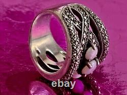 Antique Solid Silver Art Deco Ring with Opals & Marcasites Size 59 (1.8 mm)