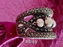 Antique Solid Silver Art Deco Ring with Opals & Marcasites Size 59 (1.8 mm)