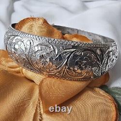 Antique Solid Silver Bracelet with Flower and Foliage Decoration Diameter 65mm Width