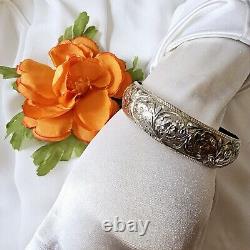 Antique Solid Silver Bracelet with Flower and Foliage Decoration Diameter 65mm Width