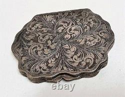 Antique Solid Silver Chiseled Foliage Powder Compact # J9