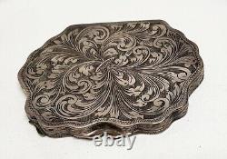 Antique Solid Silver Chiseled Foliage Powder Compact # J9