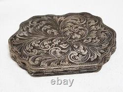 Antique Solid Silver Chiseled Foliage Powder Compact # J9