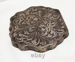 Antique Solid Silver Chiseled Foliage Powder Compact # J9