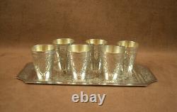 Antique Solid Silver Chiseled Persian Liquor Service Set with Tray + 6 Goblets