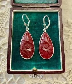 Antique Solid Silver Drop Earrings with Carved Carnelian