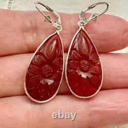 Antique Solid Silver Drop Earrings with Carved Carnelian
