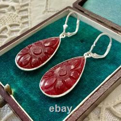 Antique Solid Silver Drop Earrings with Carved Carnelian