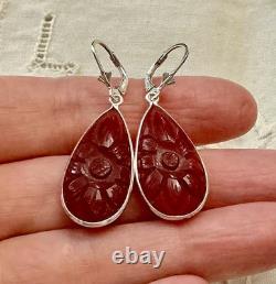 Antique Solid Silver Drop Earrings with Carved Carnelian