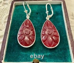 Antique Solid Silver Drop Earrings with Carved Carnelian