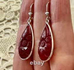 Antique Solid Silver Drop Earrings with Carved Carnelian