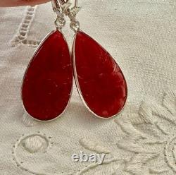 Antique Solid Silver Drop Earrings with Carved Carnelian