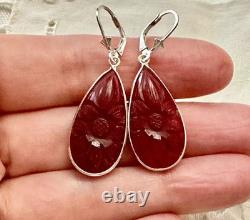 Antique Solid Silver Drop Earrings with Carved Carnelian