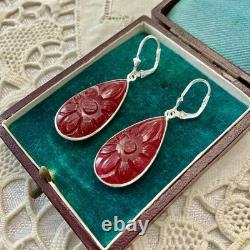 Antique Solid Silver Drop Earrings with Carved Carnelian
