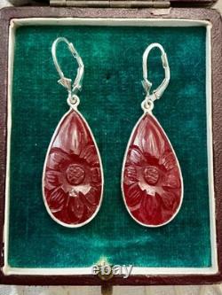 Antique Solid Silver Drop Earrings with Carved Carnelian