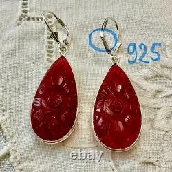 Antique Solid Silver Drop Earrings with Carved Carnelian