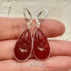 Antique Solid Silver Drop Earrings with Carved Carnelian