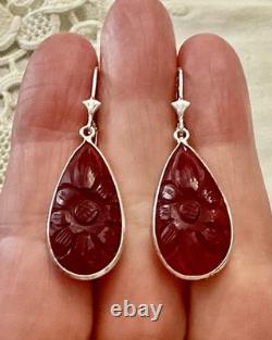 Antique Solid Silver Drop Earrings with Carved Carnelian