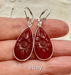 Antique Solid Silver Drop Earrings with Carved Carnelian