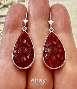 Antique Solid Silver Drop Earrings with Carved Carnelian