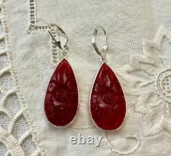 Antique Solid Silver Drop Earrings with Carved Carnelian
