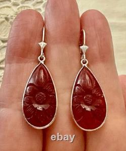 Antique Solid Silver Drop Earrings with Carved Carnelian
