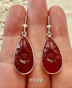 Antique Solid Silver Drop Earrings with Carved Carnelian