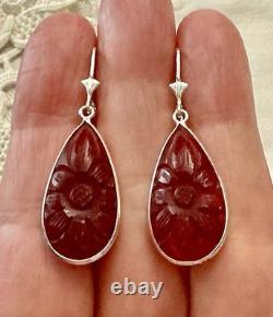 Antique Solid Silver Drop Earrings with Carved Carnelian