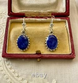 Antique Solid Silver Earrings - Genuine Blue Sapphire - Fleur De Lys
