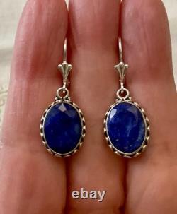 Antique Solid Silver Earrings - Genuine Blue Sapphire - Fleur De Lys