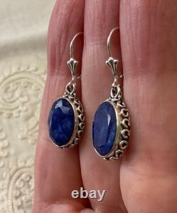 Antique Solid Silver Earrings - Genuine Blue Sapphire - Fleur De Lys