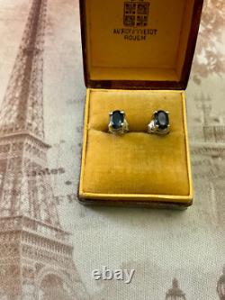 Antique Solid Silver Earrings with Genuine Gold and Blue Sapphire, 1 Carat