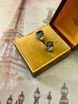 Antique Solid Silver Earrings with Genuine Gold and Blue Sapphire, 1 Carat