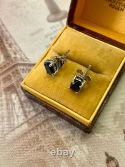 Antique Solid Silver Earrings with Genuine Gold and Blue Sapphire, 1 Carat