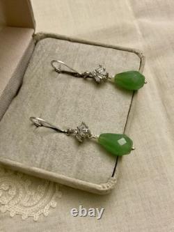 Antique Solid Silver Earrings with Jade, Fine Pearl, and Baguette Topazes