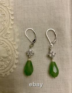 Antique Solid Silver Earrings with Jade, Fine Pearl, and Baguette Topazes