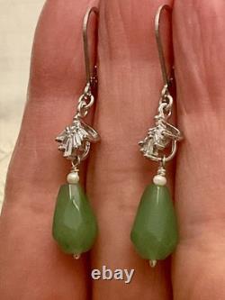 Antique Solid Silver Earrings with Jade, Fine Pearl, and Baguette Topazes