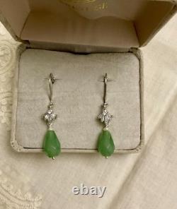 Antique Solid Silver Earrings with Jade, Fine Pearl, and Baguette Topazes