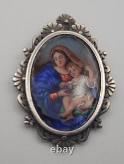 Antique Solid Silver Enamel Painted Medal Pendant Virgin and Child Madonna #H4