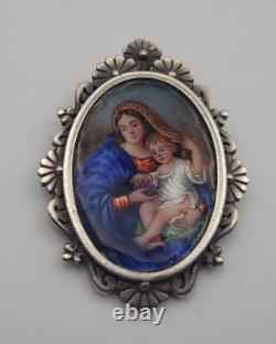 Antique Solid Silver Enamel Painted Medal Pendant Virgin and Child Madonna #H4