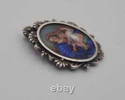 Antique Solid Silver Enamel Painted Medal Pendant Virgin and Child Madonna #H4